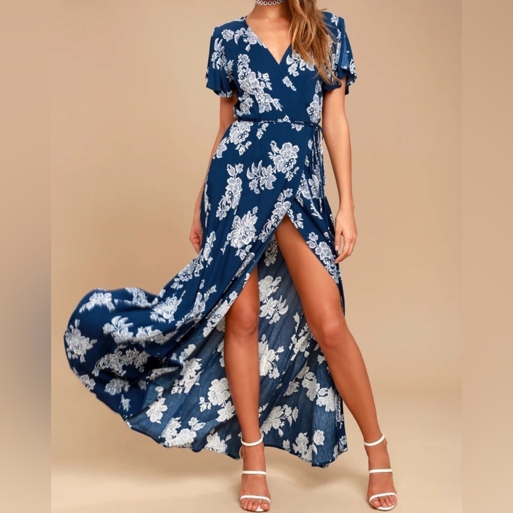 Lulus Heart of Marigold Navy Blue Floral Print Wrap Maxi Dress size XS Gauzy